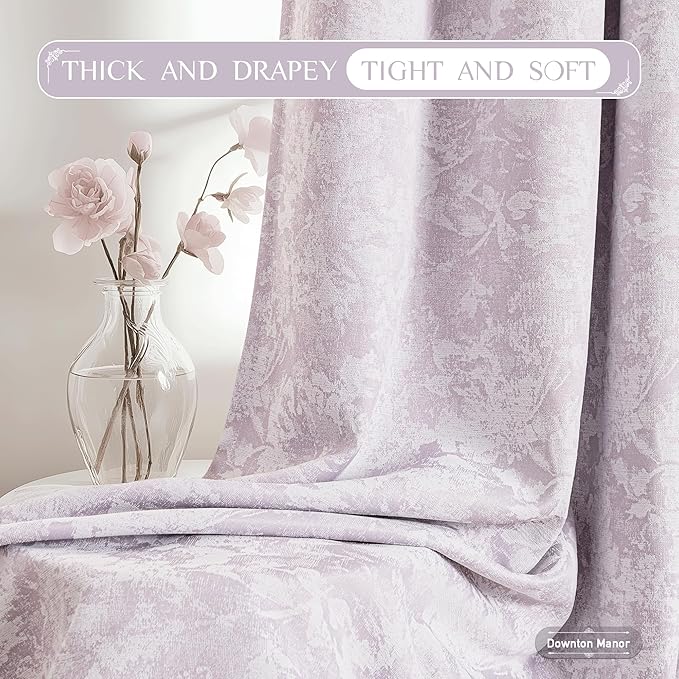 Beauoop Purple Floral Jacquard Blackout Curtains 96 Inches Long 2 Panels for Bedroom Living Room Flower Chenille Room Darkening Thermal Insulated Soundproof Grommet Window Treatments Drapes 52x96