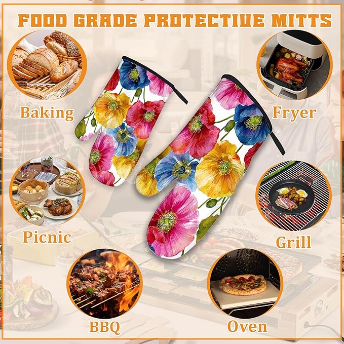 Poppy Flower Oven Mitts and Pot Holders,Pink Yellow Blue Heat Resistant Oven Mitts Gloves and Pot Holder for Home Kitchen Decorations Cooking Baking BBQ Gifts,Set of 4