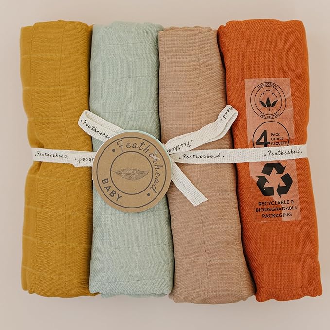 Featherhead™ 100% Cotton Muslin Swaddle Blankets for Baby Girl - Large 47”x 47” - Pre-Washed, Soft, & Breathable - Newborn Essential & Perfect Baby Registry Gift (4 Pack - Brown Solids)