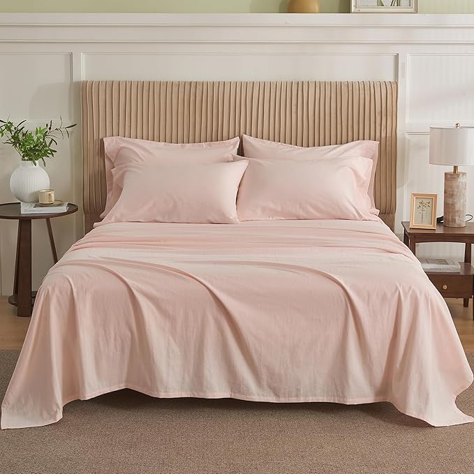 Simple&Opulence Belgian Linen Sheet Set Solid Color - 6 Pieces (1 Flat Sheet & 1 Fitted Sheet & 4 Pillowcases) 16" Deep Pocket Natural Flax Cotton Blended Soft Bedding - Pale Pink, California King