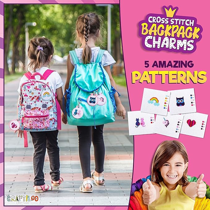 Cross Stitch Kits For Beginners. 5 Stamped Cross Stitch Kits for Kids.Needlepoint Kits For Beginners. Embroidery Kit For Kids. Crossstitch Kit For Beginners. Girls cross stitch kit Backpack Charms