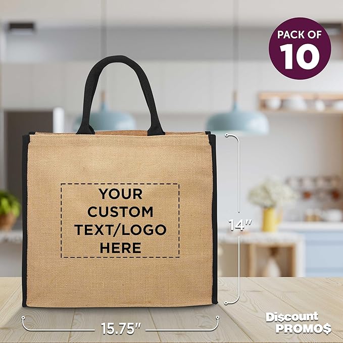DISCOUNT PROMOS Custom Fresno Eco Friendly Jute Tote Bags Set of 10, Personalized Bulk Pack - Reusable, Great for Tradeshows, Grocery, Shopping and Outdoor Events - Black