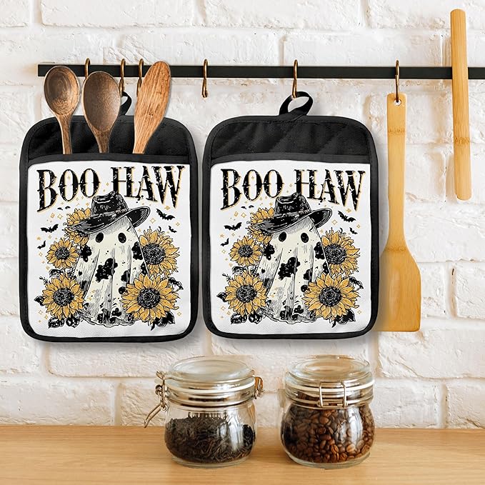 Vintage Western Halloween Pot Holders with Pockets, Rustic Sunflower Cowboy Ghost Halloween Oven Pot Holders Heat Resistant Oven Mitts Hot Pads for Kitchen Baking Cooking