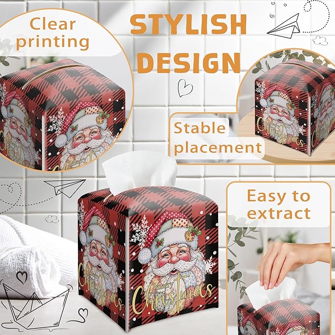 Merry Christmas Tissue Box Holder, Santa Claus Red Checkered Leather Tissue Box Cover Square, Paper Facial Decorative Tissues Cover for Night Stands Bathroom Office Home Decor-B16