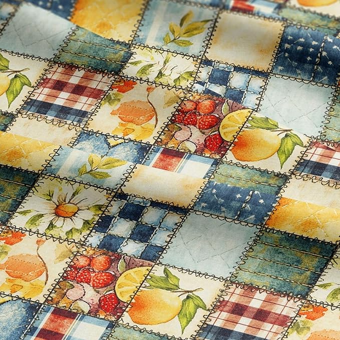 Patchwork Cotton Fabric Panel 61 x 36.6 Inches, Lemon Fruit Quilt Style Pattern, Rustic Blue Yellow Design, 100% Cotton 140 GSM
