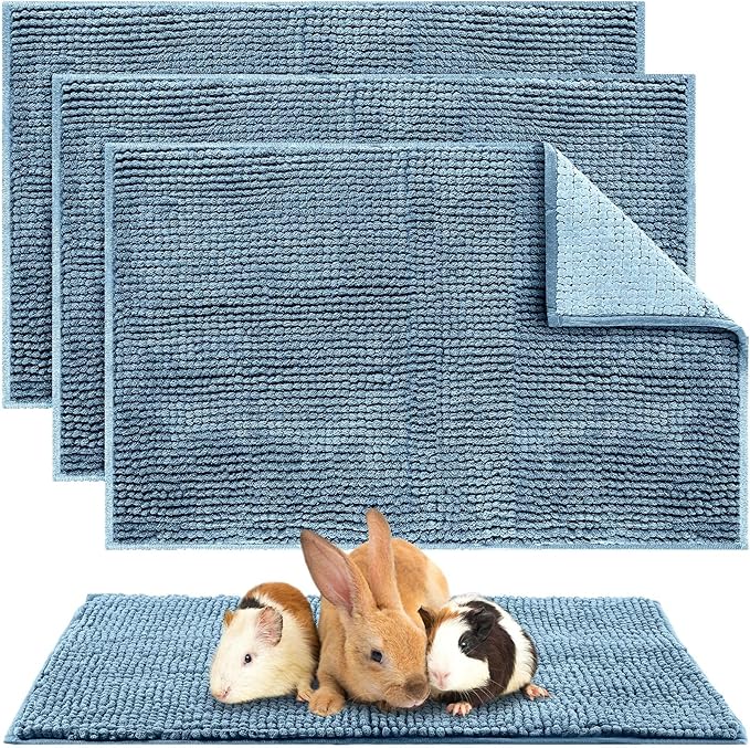 Amylove 4 Pcs Guinea Pig Cage Liner Guinea Pig Bedding Dog Door Mat for Muddy Pet Paws Washable Chenille Pee Pads Small Animal Sleeping Bed for Bunny Hamster(16 x 24 Inch,Rectangular,Blue)