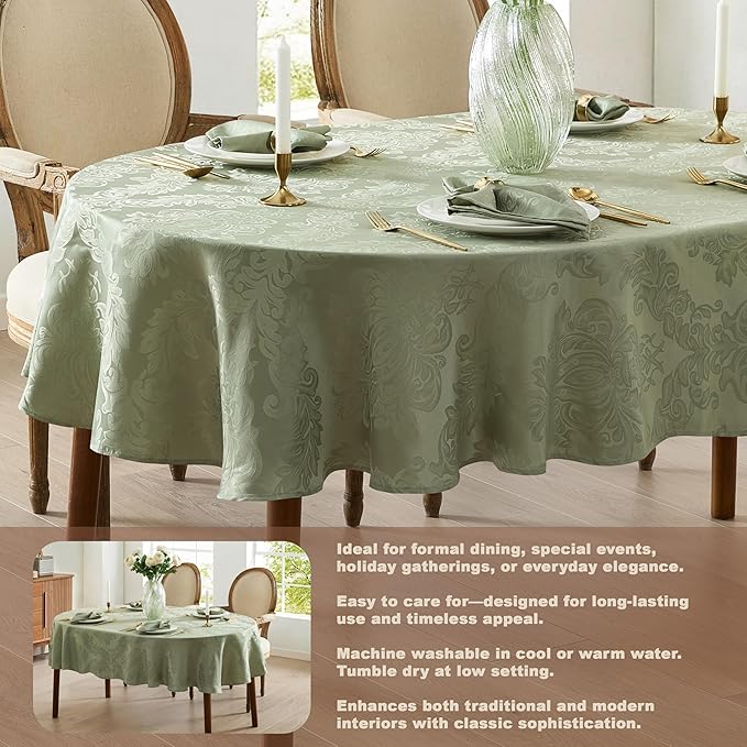 Newbridge Barcelona Damask Fabric Tablecloth, 60 x 144 Inch Rectangle, Sage Green – No Iron, Soil Resistant Table Cover for Dining, Parties and Holidays