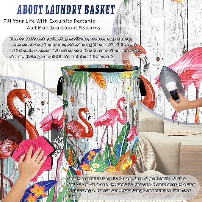 Pink Flamingo Laundry Basket Oxford Cloth Tropical Flowers Laundry Hamper With Handle Portable Clothes Storage Basket Foldable Laundry Bag 18.9"x16.5" For Laundry Room/Bedroom/Bathrooms