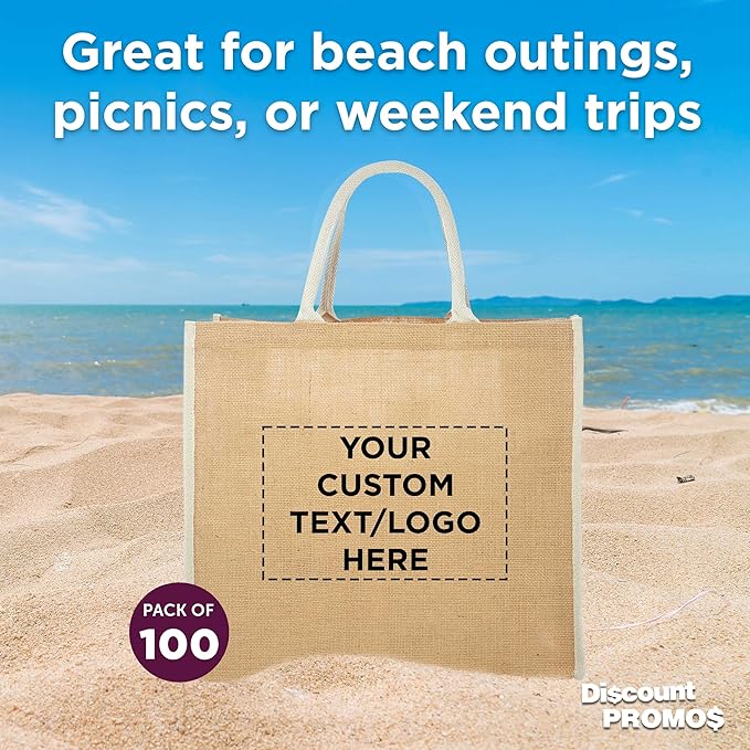 DISCOUNT PROMOS Custom Fresno Eco Friendly Jute Tote Bags Set of 100, Personalized Bulk Pack - Reusable, Great for Tradeshows, Grocery, Shopping and Outdoor Events - Light Beige