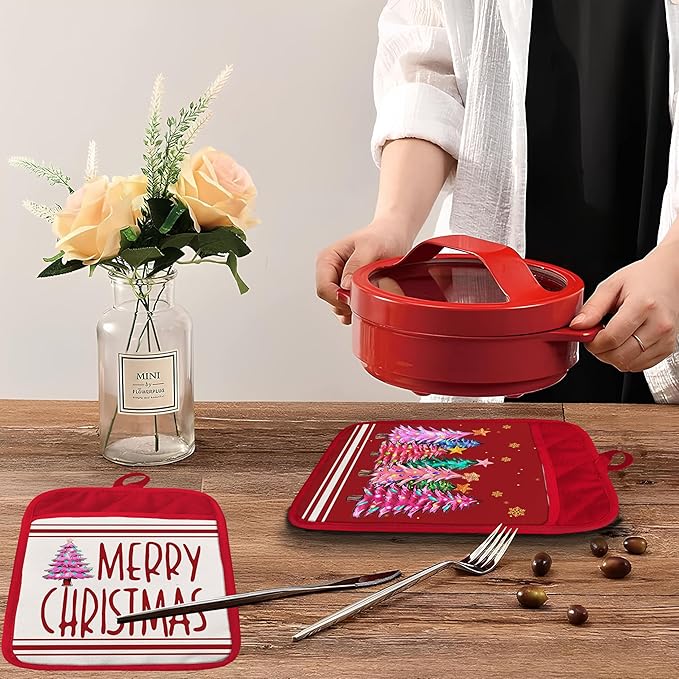 Red Merry Christmas Tree Pot Holders with Pockets, Holiday Winter Snowflake Colorful Christmas Tree Oven Pot Holders Heat Resistant Oven Mitts Hot Pads for Kitchen Baking Cooking, Set of 2