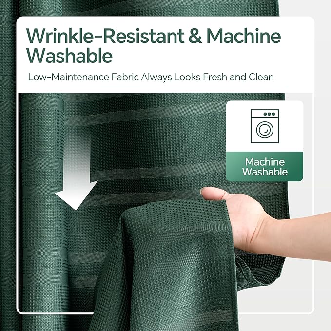 TURKIO Stall Fabric Shower Curtain, 48 inch Wide Narrow Dark Green Shower Curtain Waffle Weave Shower Curtain Striped Fabric Shower Curtains for Bathroom, Green Bathroom Decor, (48Wx72H, Dark Green)