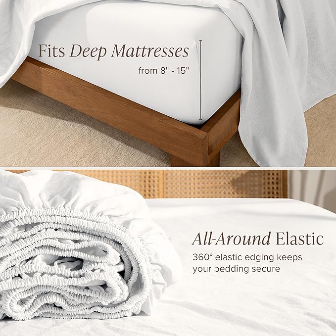 Bare Home Twin Extra Long Sheet Set - Luxury 100% European Linen - Deep Pockets - Easy Fit - 3 Piece Set - Bedding Sheets & Pillowcases (Twin XL, Soft White)