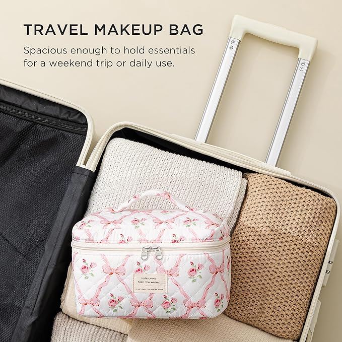 HBselect Christmas Gifts Large Quilted Makeup Bag, Cute Cotton Travel Makeup Bag with Handle, Portable Coquette Floral Make up Bags, Toiletry Organizer Make up Bags for Women Teen Girls Mom