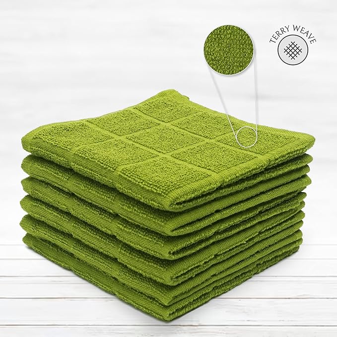 Mellow Buff 100% Cotton Terry Dish Cloth & Dish Towel, 6 Pack, Super Soft and Absorbent Kitchen Towels, Perfect for Kitchen Cleaning and Dish Washing (Green 6 Pack)