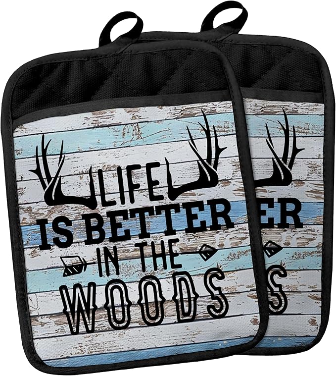 Hunting Cabin Gifts Pot Holders with Pockets, Life is Better in The Woods Moose Pot Holders Heat Resistant Oven Mitts Hot Pads for Kitchen Baking Cooking,Potholders for Kitchens