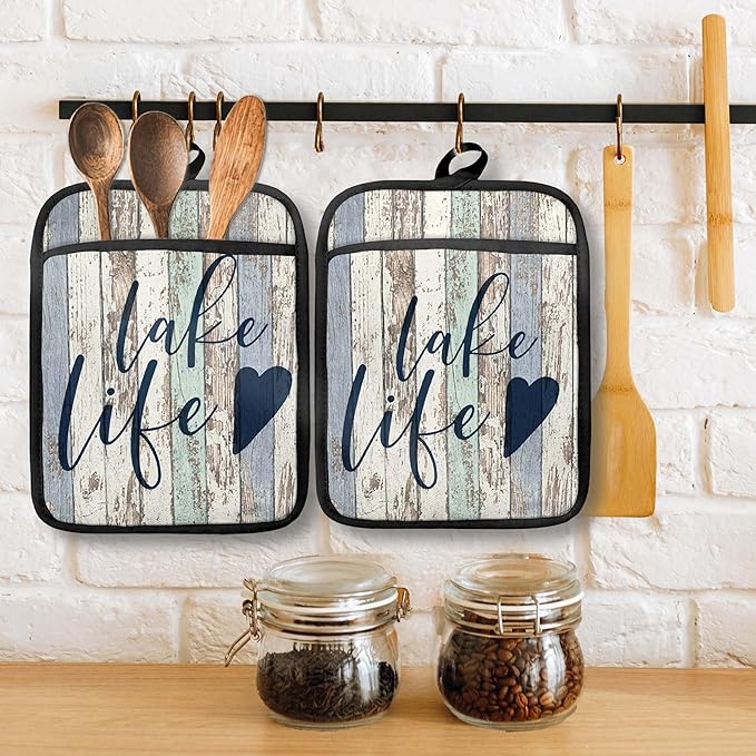 Vintage Lake Life Gifts Pot Holders with Pockets, Lake Life House Gifts for Cabin Owners Women Oven Pot Holders Heat Resistant Oven Mitts Hot Pads for Kitchen Baking Cooking