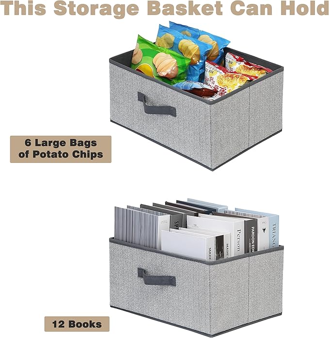 EITMOW Storage Baskets, 15.7 Inch Woven Fabric Bins, Storage Cubes with Reinforced Handles, Organizer Bins for Closet Shelves, Foldable, for Toys, Clothes, Natural Beige (4PCS/Grey-15.7*11*7.8inch)