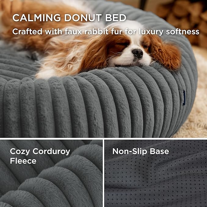 Bedsure Donut Small Dog Bed - Dog Beds for Small Dogs with Corduroy Fleece & Anti Slip Bottom, Round Faux Fur Pet Beds with Washable Removable Cover, Warm Grey, 27x27x8 inches