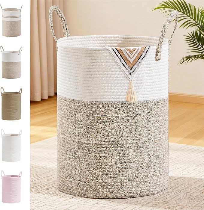 SunNewt Tall Laundry Basket with Handles, 100L Portable Dirty Clothes Hamper, Boho Cotton Rope Storage Bin for Blankets Kids Toys Gifts, Extra Large Organizer for Baby Nursery Bedroom Bathroom, Brown