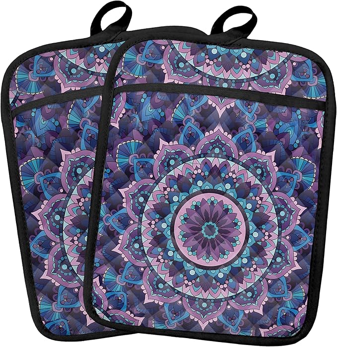 Boho Purple Blue Mandala Floral Pot Holders 2 Pack Set, Vintage Hinduism Spiritual Folk Lotus Flower Mandala Heat Resistant Oven Hot Pads for Kitchen Countertop Baking，073 Potholder