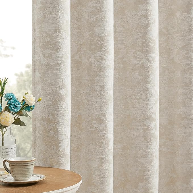 Beauoop Beige Floral Jacquard Blackout Curtains 108 Inches Long 2 Panels for Bedroom Living Room Taupe Flower Chenille Room Darkening Thermal Soundproof Grommet Window Treatments Drapes 52x108