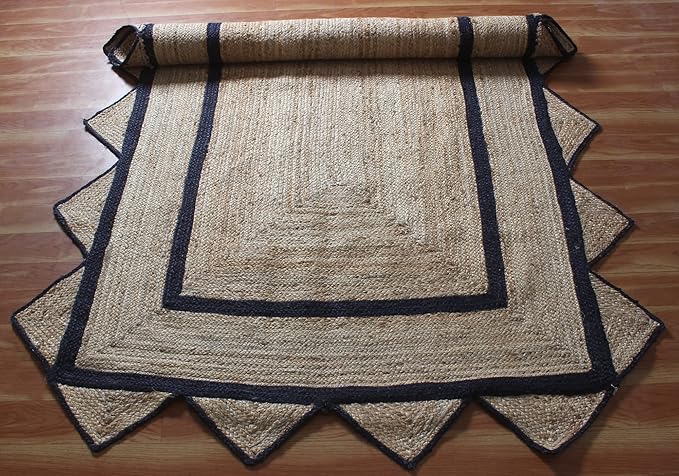 Scalloped Jute Rug, Hand Woven Runner Area Rug, 4x15 Ft Beige & Black Braided Natural Sisal Kilim Rugs for Living Room, Kitchen, Entryway, Farmhouse