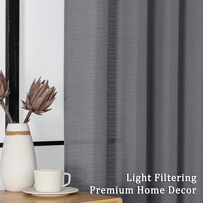 Lecloud Bessie Dark Grey Kitchen Curtains 36 Inch Length 2 Panels Set, Faux Linen Textured Curtain Tiers, Light-Filtering Window Short Curtains for Basement Dining Room, Each 30 W x 36 L