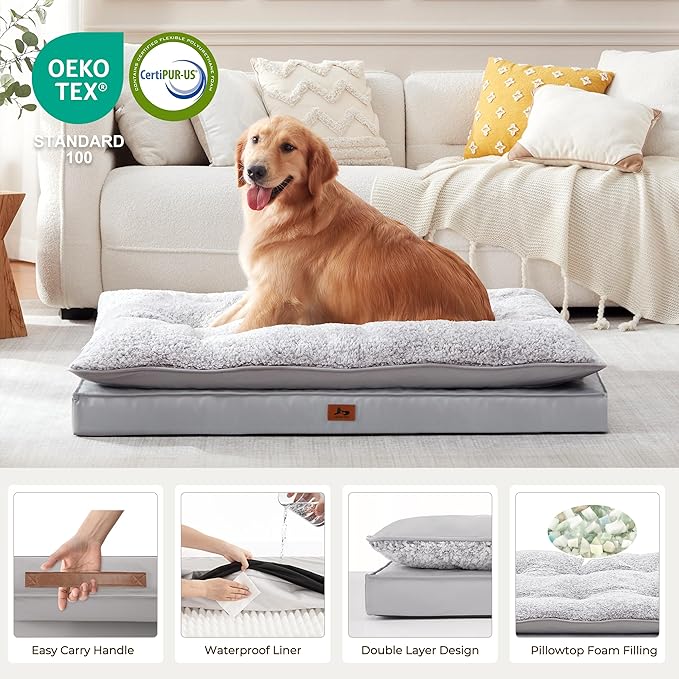 Warmrest 2-Pack XL Waterproof Dog Bed Large Size Dogs, Plush Cushion & Orthopedic Egg-Crate Foam Mattress for Senior Dogs, Washable Dog Crate Bed with Removable Cover, Light Grey