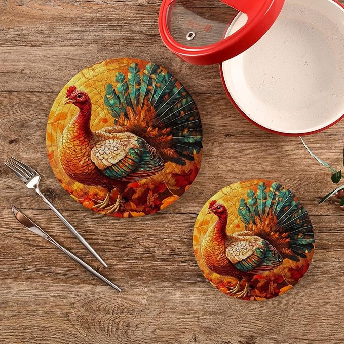Thanksgiving Turkey and Autumn Leaves Trivets for Hot Dishes Pots and Pans Potholders Woven Trivet Cotton Round Large Pot Holder Decor Heat Resistant Hot Pads Mat for Table Counter Cooking Poth