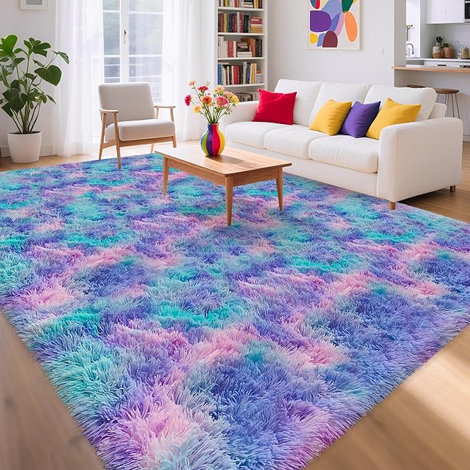 Purple Rainbow Fluffy Soft Area Rug 8x10ft Plush Furry Rugs for Girls Bedroom Kawaii Shaggy Rug for Living Room Fuzzy Nursery Rug for Baby Toddler's Room Cute Colorful Room Decor for Kids