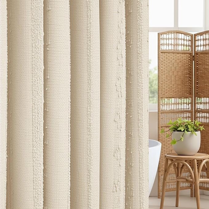 Lameirose Beige Shower Curtain Boho, 72 x 72 Cotton Blend Waffle Weave Stripe Textured Heavy Duty, Fabric Shower Curtain for Bathroom, Hotel, Washable