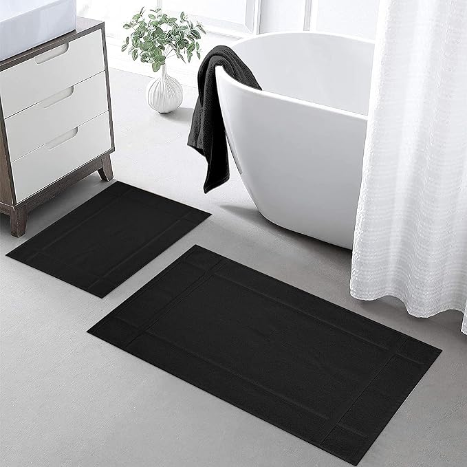 Ample Decor Bath Mats 100% Cotton 24 X 17 & 34 X 20 Inches, Oeko Tex Certified 1350 GSM Solid Construction Thick & Plush, Super Absorbent for Bathroom Floor, Shower – Black