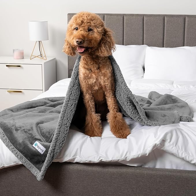 PetAmi Waterproof Dog Blanket for Queen Bed Large XL Dog Throw for Couch Cover Leakproof Furniture Protection, Sherpa Fleece, Reversible Soft Washable 90x90 Light Gray