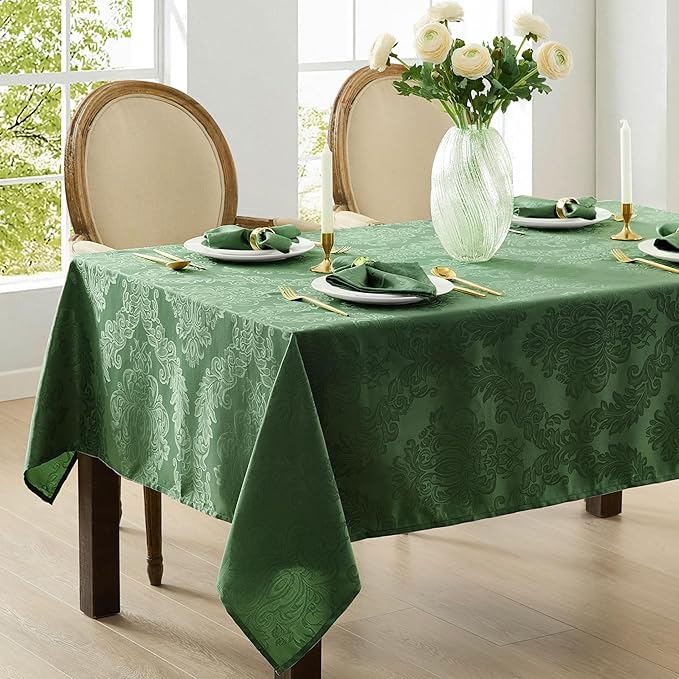 Newbridge Barcelona Damask Fabric Tablecloth, 52 x 70 Inch Rectangle, Hunter Green – No Iron, Soil Resistant Table Cover for Dining, Parties and Holidays