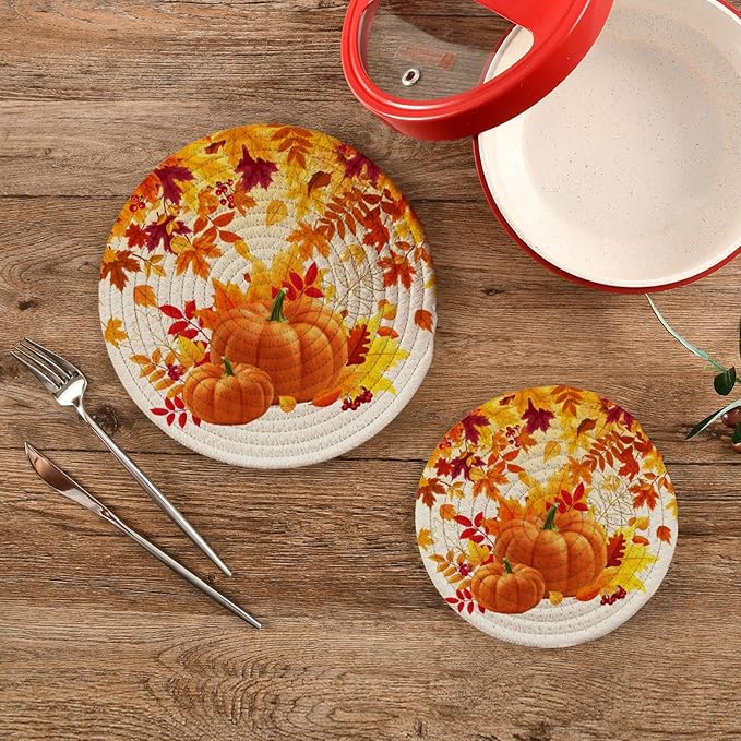 Boccsty Yellow Pumpkins Trivet Mat 2PCS Autumn Leaves Round Woven Potholders Kitchen Table Countertop Protector Hot Pads Farmhouse Coasters Counter Mat