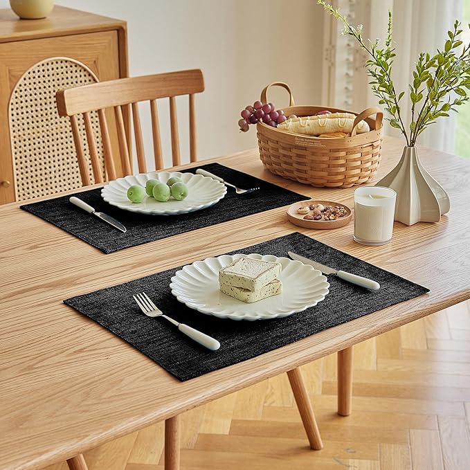 Softalker Faux Linen Placemats Set of 4-12 x 18 Inch, Heat Resistant Double Layered Durable Burlap Farmhouse Place Mats, Non-Slip Washable Rustic Table Mats for Dining, Kitchen, Party（Black