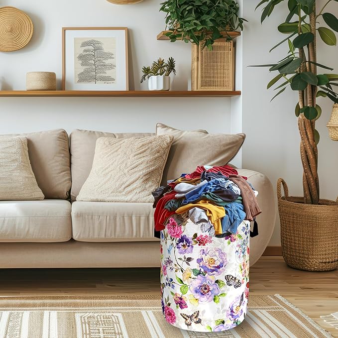 Beautiful Butterfly Floral Laundry Hamper Foldable Oxford Cloth Colorful Flowers Laundry Basket With Handle Portable Clothes Storage Basket Laundry Bag 18.9"x16.5" For Laundry Room/Bedroom/Bathrooms