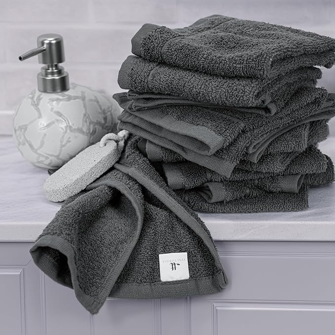 Tens Towels Pack of 24 Washcloths, 12 x 12 Inches, Lighter Weight, Quick to Dry, Super Soft & Absorbent, Gentle Face Towels, Hotel Quality, Perfect for Bathroom, Gym, Spa (Dark Grey, 24 Pack)