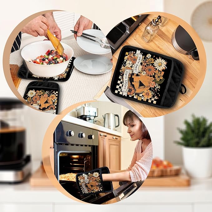 Halloween Pumpkin Floral Pot Holders with Pockets, Retro Checkered Rustic Fall Halloween Oven Pot Holders Heat Resistant Oven Mitts Hot Pads for Kitchen Baking Cooking