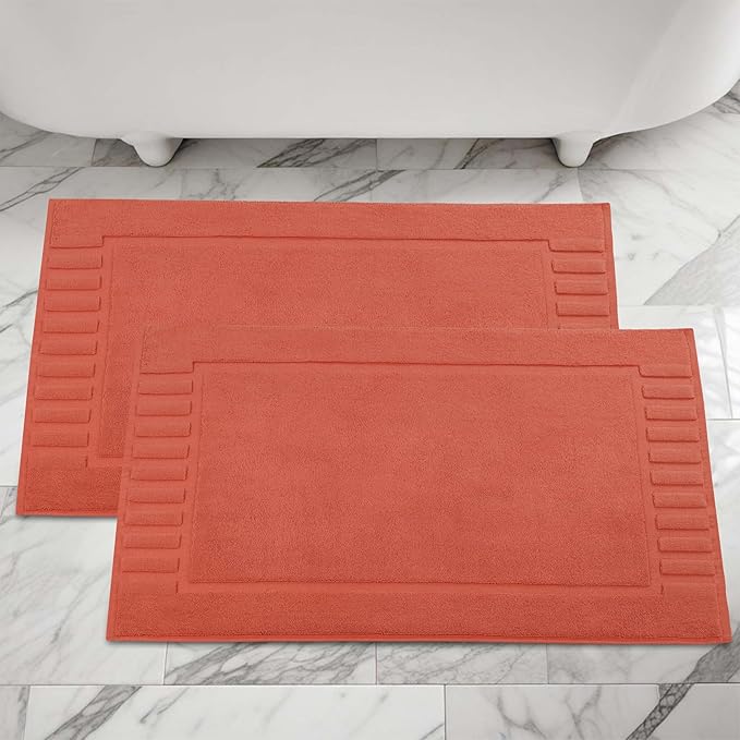 Superior 100% Cotton Bathmat Set, Bath Mat, Bathroom Decor, Shower, Bathtub Essentials, Home Accessories, Washable Rug, Absorbent, Quick Dry, Leo Collection, Set of 2, 22" x 35", Coral