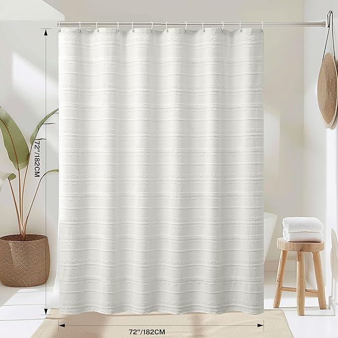 Lameirose Farmhouse White Shower Curtain Boho, 72 x 72 Cotton Blend Tufted Weave Waffle Stripe Textured Heavy Duty, Fabric Shower Curtain for Bathroom, Hotel