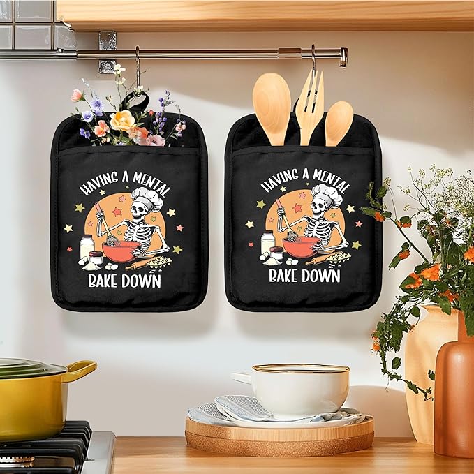 Funny Gothic Skeleton Oven Mitts Set, Funny Baking Gifts for Women, Having a Mental Bake Down Goth Heat Resistant Kitchen Oven Gloves for Baking and Cooking,Pot Holders