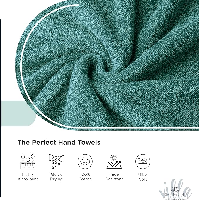 Villa Celestia 100% Cotton Hand Towel Set of 4, (16 x 28 inches) Sustainable, Soft, Highly Absorbent, Quick Drying, Combed Cotton Hand Towels Pack of 4 Ideal for Hotels, Spa, Bathroom, Dorm, Teal