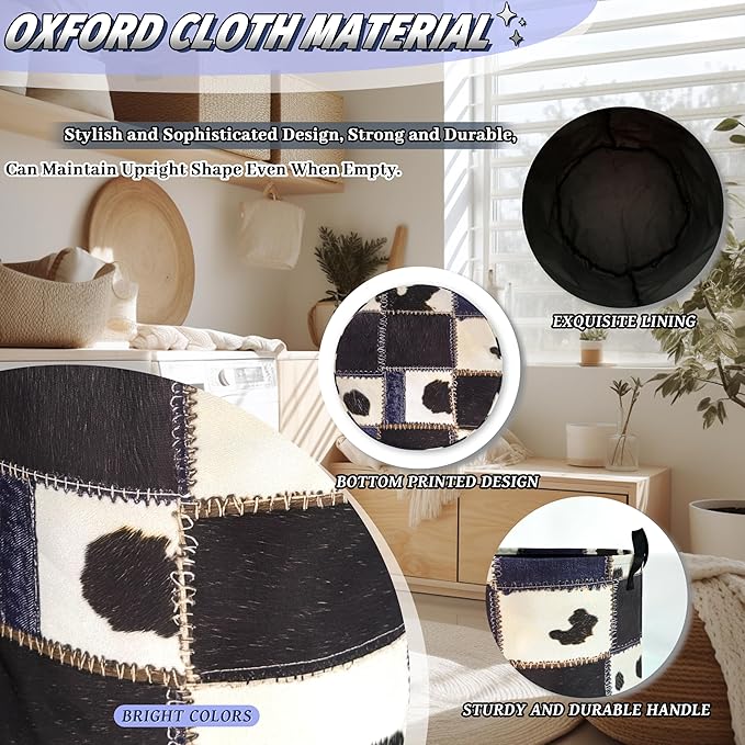 Cows Print With Denim Texture Laundry Hamper Foldable Oxford Cloth Animal Cow Laundry Basket With Handle Portable Clothes Storage Basket Laundry Bag 18.9"x16.5" For Laundry Room/Bedroom/Bathrooms