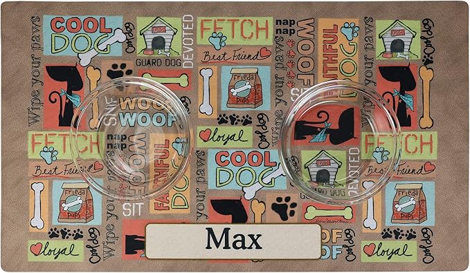 Drymate Personalized Pet Bowl Placemat, Custom Dog & Cat Food Feeding Mat - Absorbent Fabric, Waterproof Backing - Machine Washable/Durable (USA Made) (16" x 28") (Cool Dog - Brown)