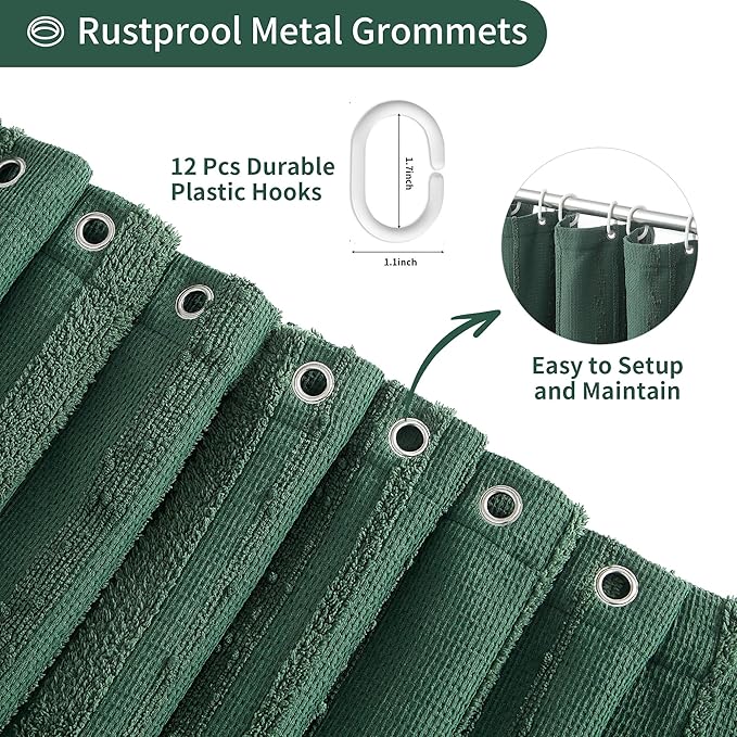 Lameirose Dark Green Shower Curtain Boho, Cotton Blend Waffle Shower Curtain Textured, Fabric Shower Curtains for Bathroom, Hotel, 72 x 72