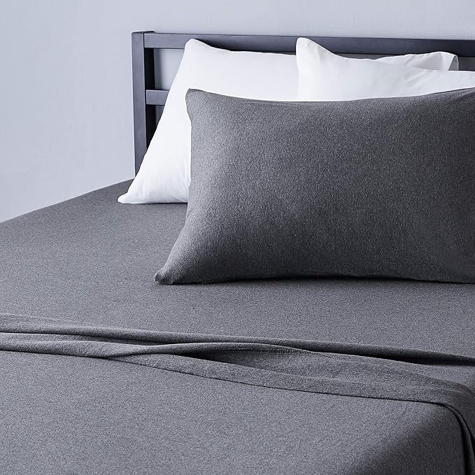 Amazon Basics 3 Piece Bed Sheet Set, 100% Cotton Jersey, Includes Super Soft, Flat and Fitted Sheets, Pillowcase, Twin, Dark Gray, Solid