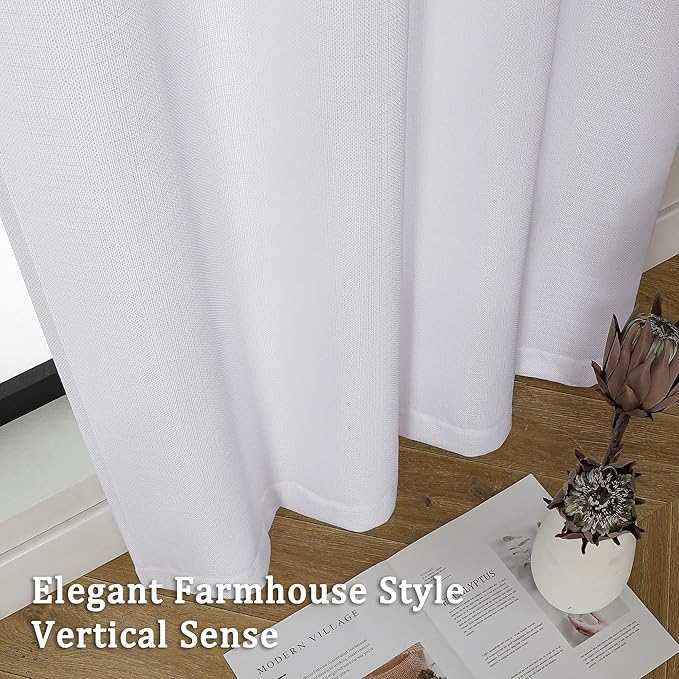 Lecloud Bessie White Curtains 45 Inch Length 2 Panels, Faux Linen Light Filtering Window Curtains Rod Pocket, Farmhouse Small Curtain Drapes for Bedroom Living Room, Each 30 W x 45 L