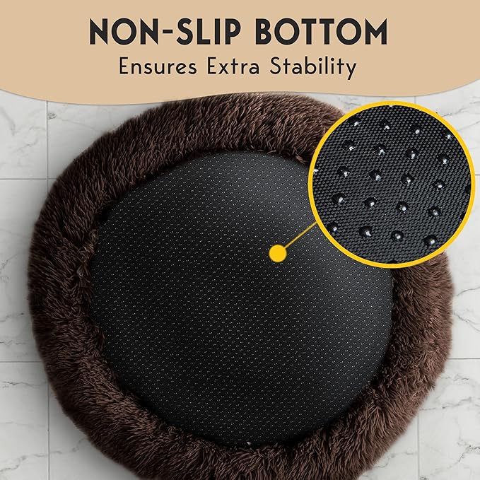 PetJett Calming Dog Beds Large Sized Dog - 36'' Round Bed, Anti-Slip & Washable Super Soft Donut Bed, Fluffy Faux Fur Anti-Anxiety Premium Comfort Pet Bed, Fits Dogs up to 80 lbs - Brown