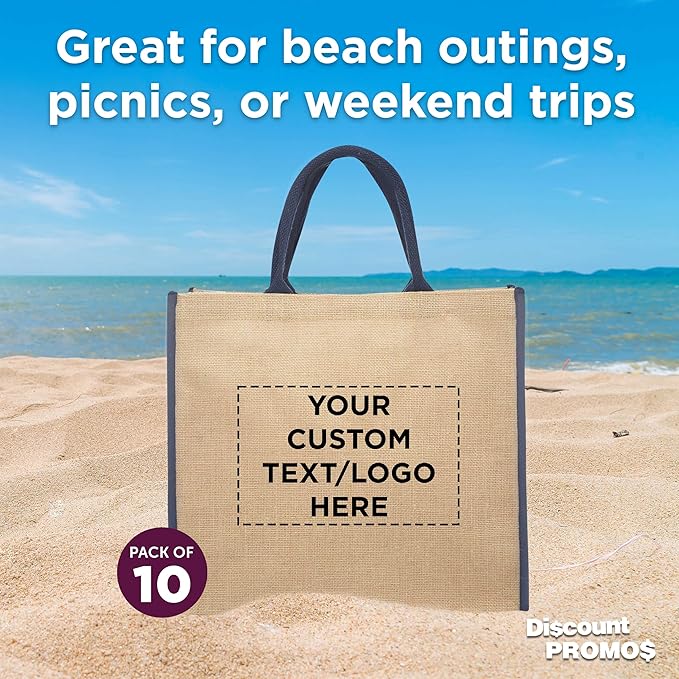 DISCOUNT PROMOS Custom Fresno Eco Friendly Jute Tote Bags Set of 10, Personalized Bulk Pack - Reusable, Great for Tradeshows, Grocery, Shopping and Outdoor Events - Blue